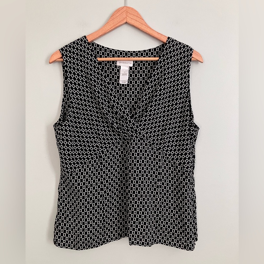LIZ CLAIBORNE 100% Silk Black and White Empire Waist Blouse Size 14
